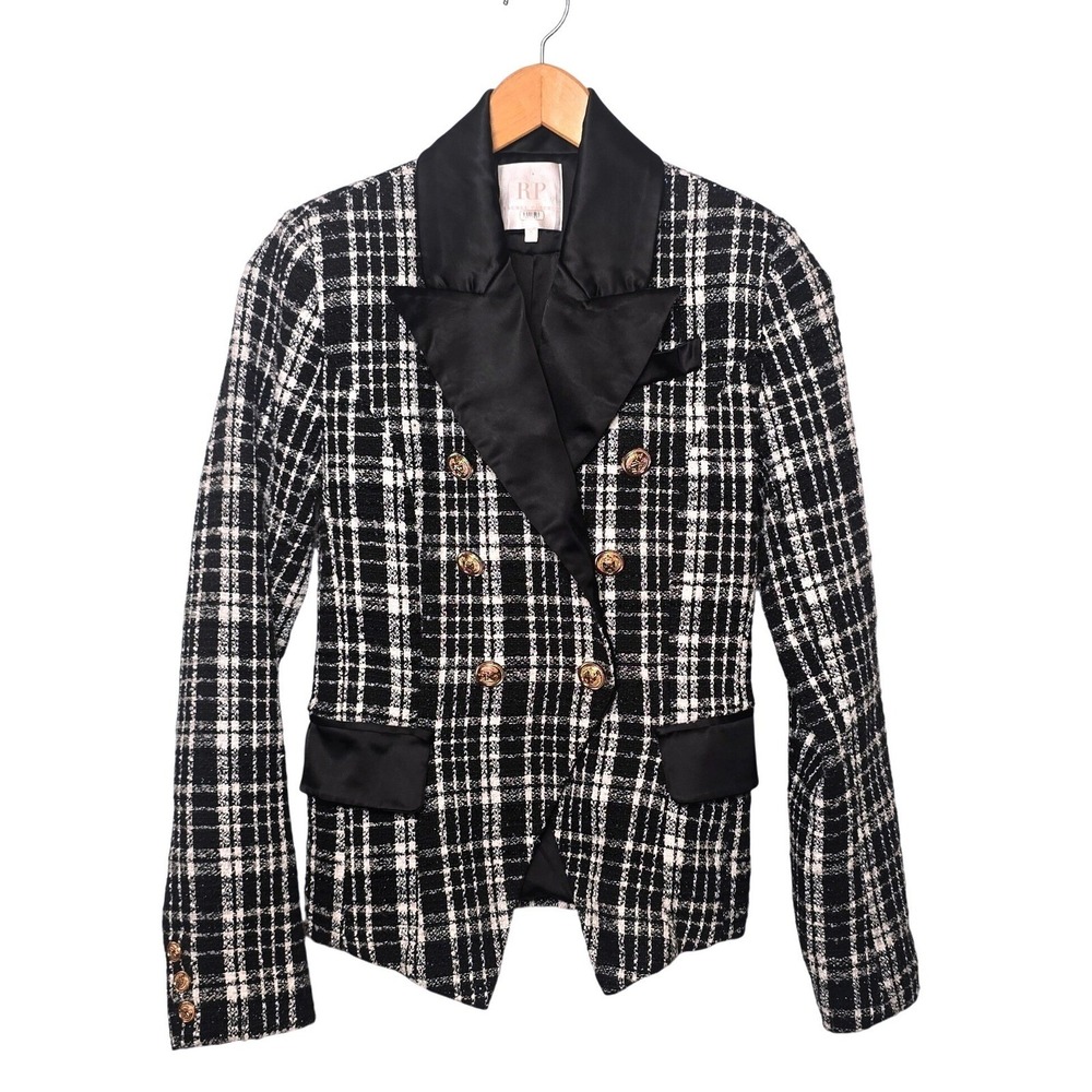 Rachel Parcell Plaid Blazer Black White Gold Buttons Double Breasted Women 0